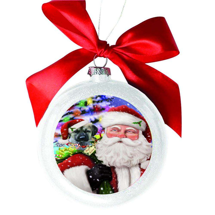 Jolly Old Saint Nick Santa Holding Anatolian Shepherd Dog and Happy Holiday Gifts White Round Ball Christmas Ornament WBSOR48800