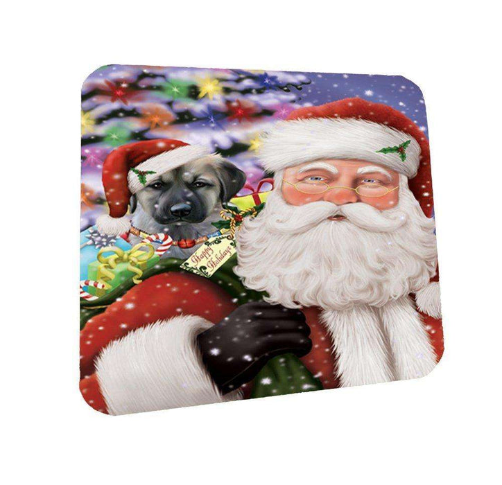 Jolly Old Saint Nick Santa Holding Anatolian Shepherds Dog and Happy Holiday Gifts Coasters Set of 4