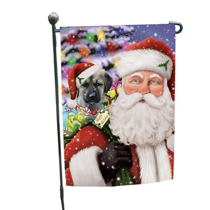 Jolly Old Saint Nick Santa Holding Anatolian Shepherds Dog and Happy Holiday Gifts Garden Flag