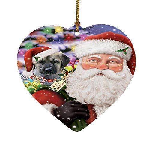 Jolly Old Saint Nick Santa Holding Anatolian Shepherds Dog and Happy Holiday Gifts Heart Christmas Ornament
