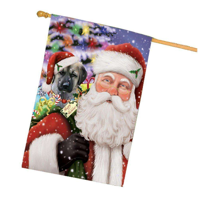 Jolly Old Saint Nick Santa Holding Anatolian Shepherds Dog and Happy Holiday Gifts House Flag