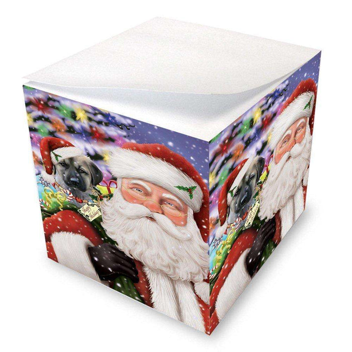Jolly Old Saint Nick Santa Holding Anatolian Shepherds Dog and Happy Holiday Gifts Note Cube D183