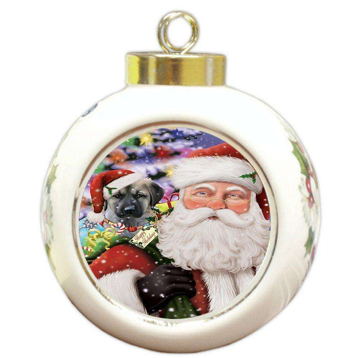 Jolly Old Saint Nick Santa Holding Anatolian Shepherds Dog and Happy Holiday Gifts Round Ball Christmas Ornament