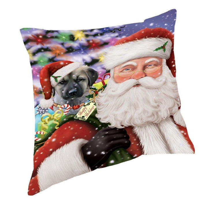 Jolly Old Saint Nick Santa Holding Anatolian Shepherds Dog and Happy Holiday Gifts Throw Pillow