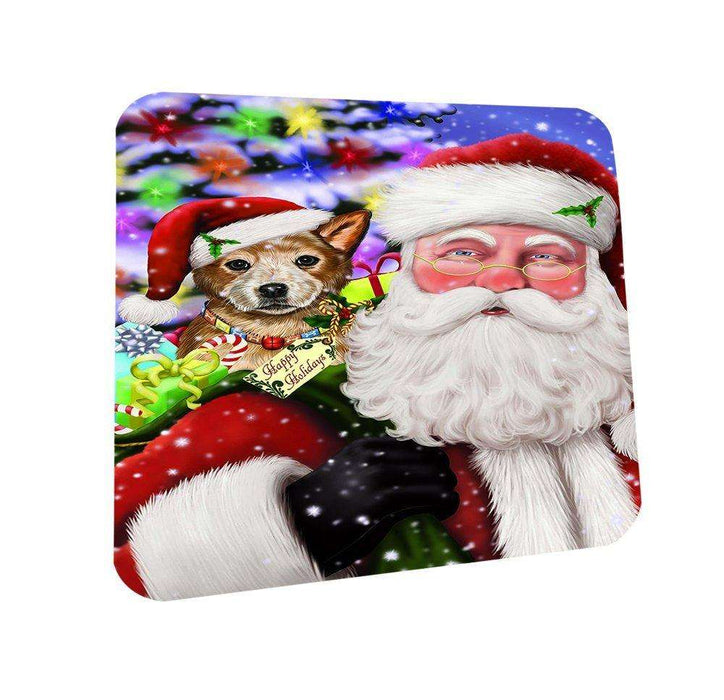 Jolly Old Saint Nick Santa Holding Australian Cattle Dog and Happy Holiday Gifts Coasters Set of 4