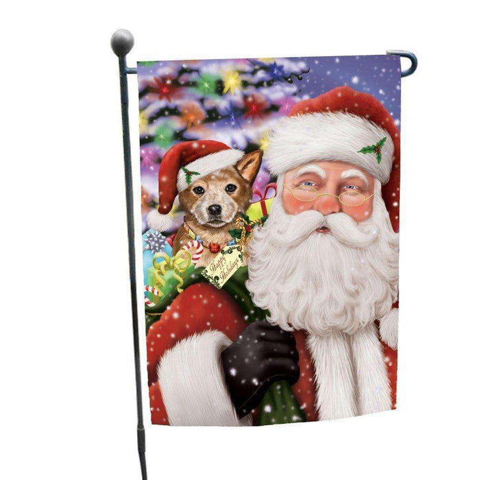 Jolly Old Saint Nick Santa Holding Australian Cattle Dog and Happy Holiday Gifts Garden Flag