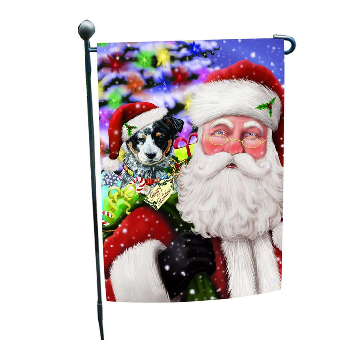 Jolly Old Saint Nick Santa Holding Australian Cattle Dog and Happy Holiday Gifts Garden Flag