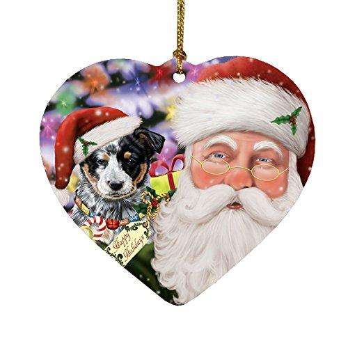 Jolly Old Saint Nick Santa Holding Australian Cattle Dog and Happy Holiday Gifts Heart Christmas Ornament