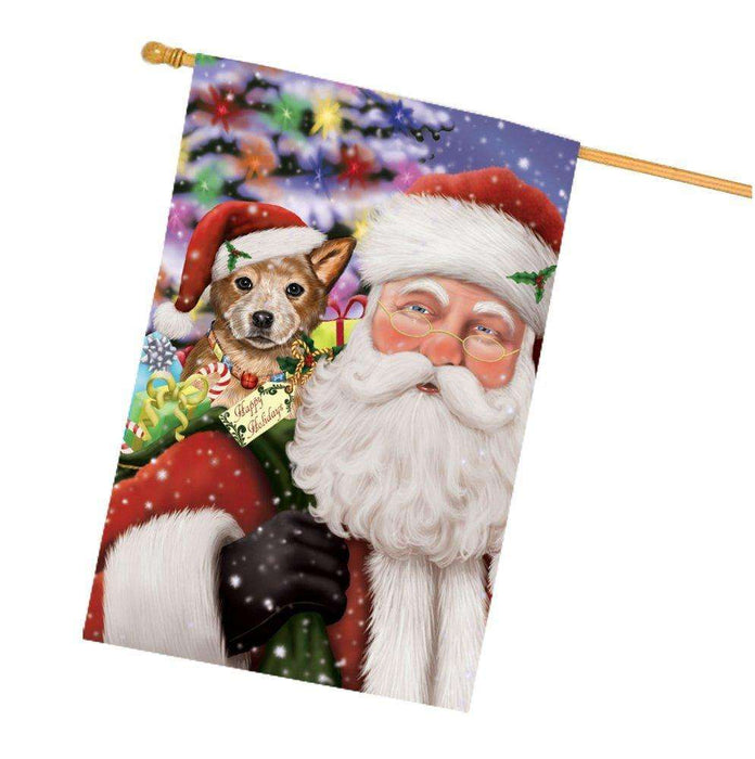 Jolly Old Saint Nick Santa Holding Australian Cattle Dog and Happy Holiday Gifts House Flag