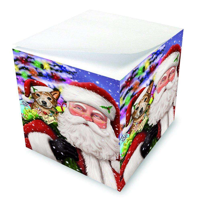 Jolly Old Saint Nick Santa Holding Australian Cattle Dog and Happy Holiday Gifts Note Cube D198
