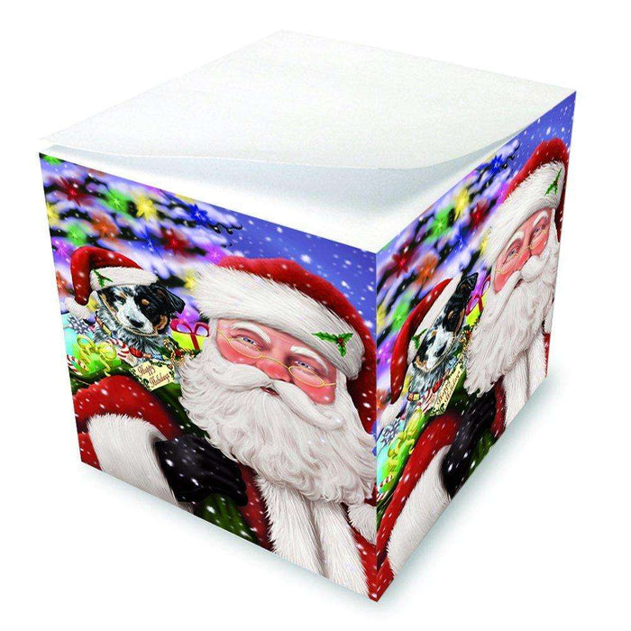 Jolly Old Saint Nick Santa Holding Australian Cattle Dog and Happy Holiday Gifts Note Cube D199