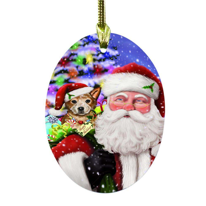 Jolly Old Saint Nick Santa Holding Australian Cattle Dog and Happy Holiday Gifts Oval Glass Christmas Ornament OGOR48801