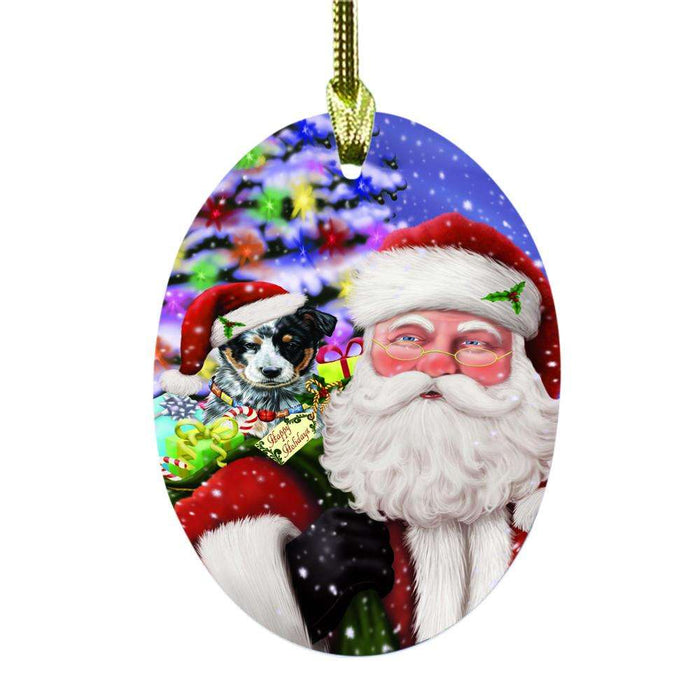 Jolly Old Saint Nick Santa Holding Australian Cattle Dog and Happy Holiday Gifts Oval Glass Christmas Ornament OGOR48802