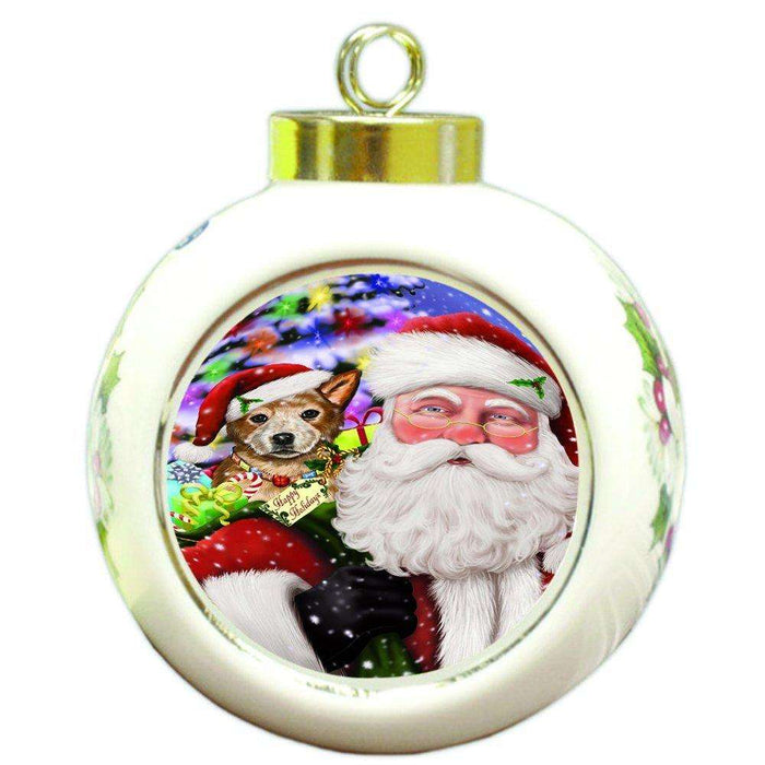 Jolly Old Saint Nick Santa Holding Australian Cattle Dog and Happy Holiday Gifts Round Ball Christmas Ornament D168