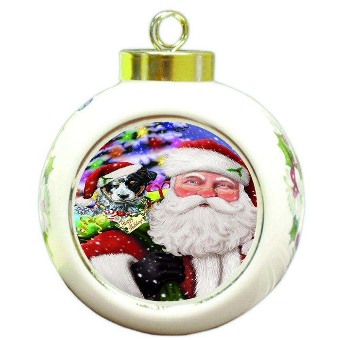 Jolly Old Saint Nick Santa Holding Australian Cattle Dog and Happy Holiday Gifts Round Ball Christmas Ornament D169