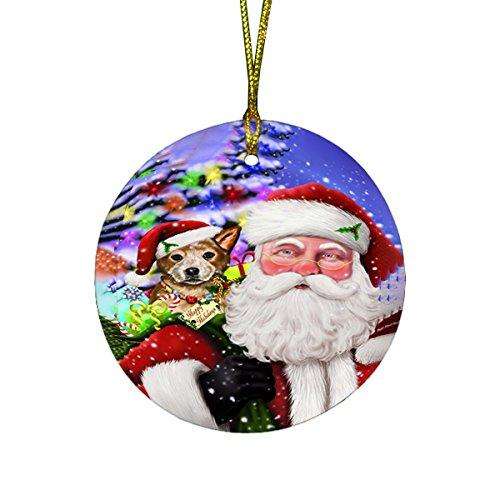 Jolly Old Saint Nick Santa Holding Australian Cattle Dog and Happy Holiday Gifts Round Christmas Ornament D168