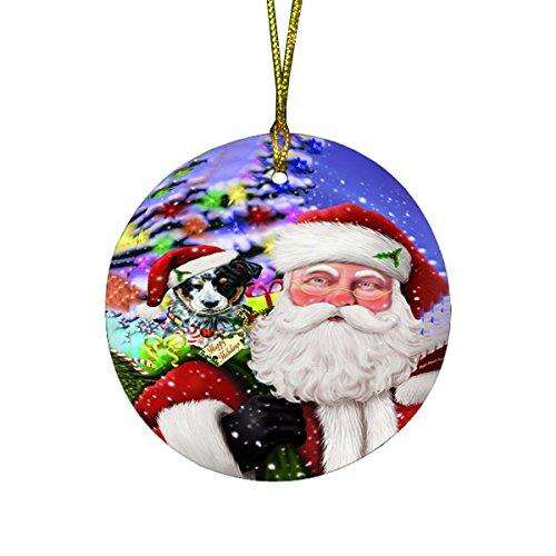 Jolly Old Saint Nick Santa Holding Australian Cattle Dog and Happy Holiday Gifts Round Christmas Ornament D169