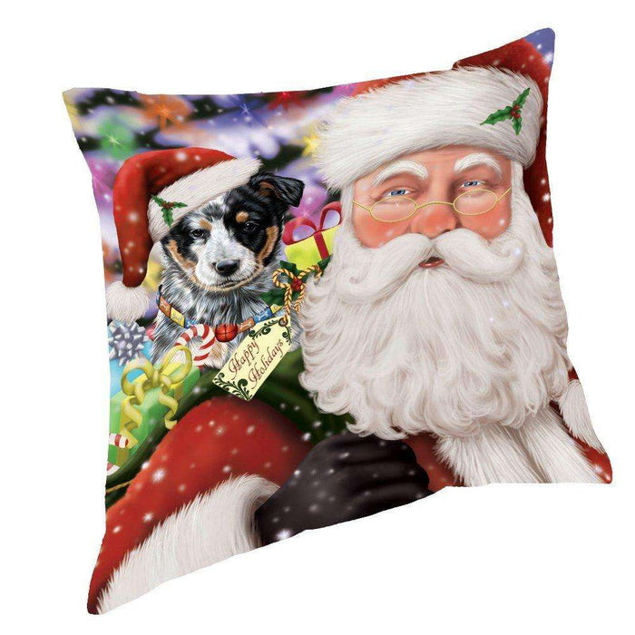 Jolly Old Saint Nick Santa Holding Australian Cattle Dog and Happy Holiday Gifts Throw Pillow