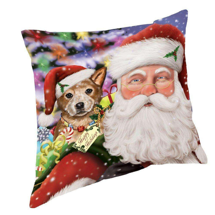 Jolly Old Saint Nick Santa Holding Australian Cattle Dog and Happy Holiday Gifts Throw Pillow