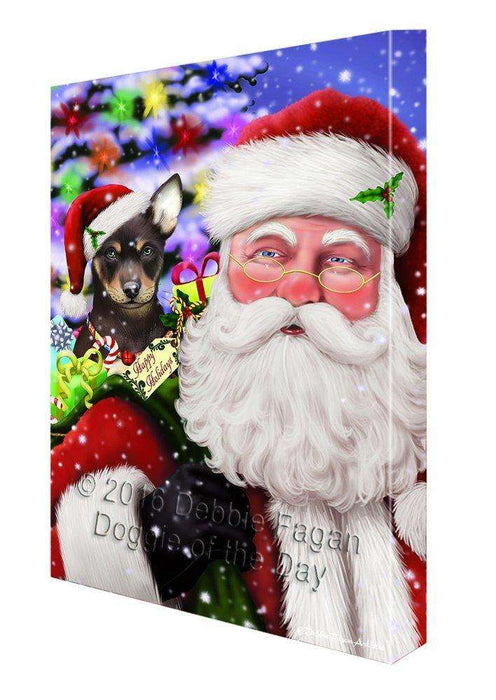 Jolly Old Saint Nick Santa Holding Australian Kelpies Dog and Happy Holiday Gifts Canvas Wall Art