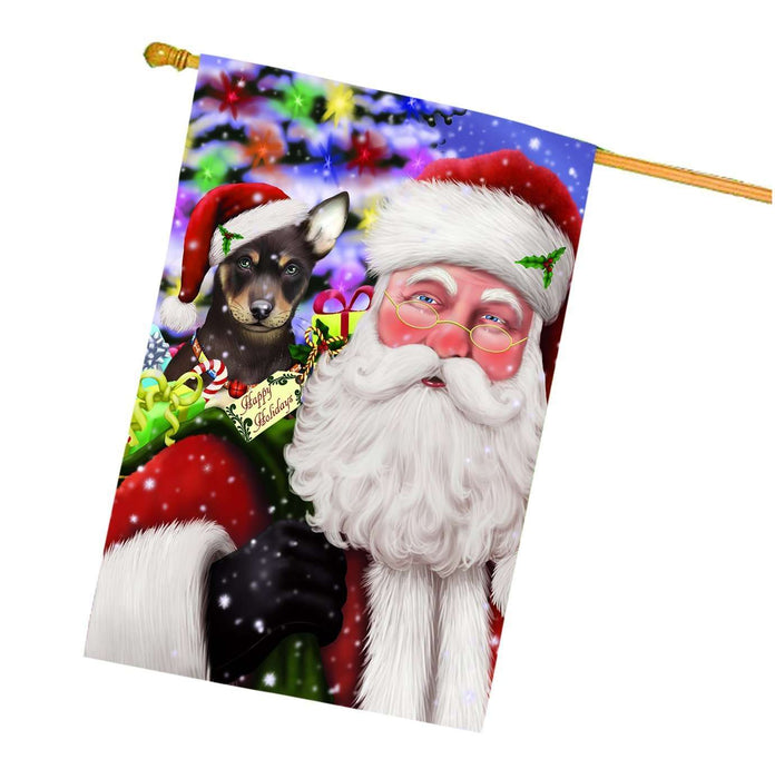 Jolly Old Saint Nick Santa Holding Australian Kelpies Dog and Happy Holiday Gifts House Flag
