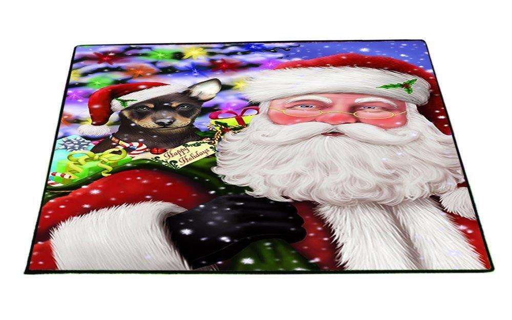 Jolly Old Saint Nick Santa Holding Australian Kelpies Dog and Happy Holiday Gifts Indoor/Outdoor Floormat