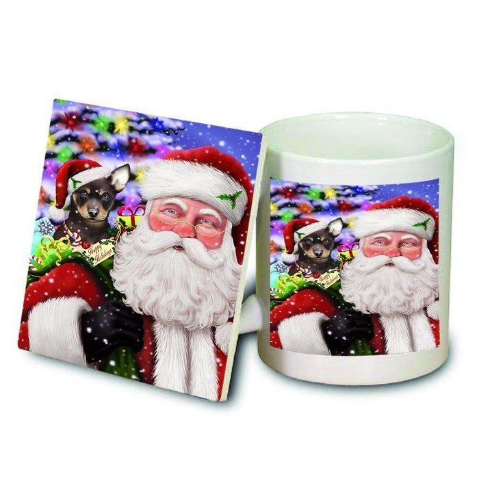 Jolly Old Saint Nick Santa Holding Australian Kelpies Dog and Happy Holiday Gifts Mug and Coaster Set