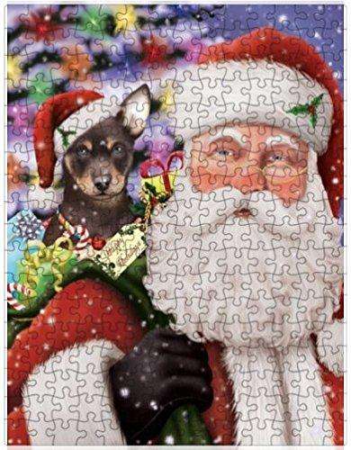Jolly Old Saint Nick Santa Holding Australian Kelpies Dog and Happy Holiday Gifts Puzzle with Photo Tin D333