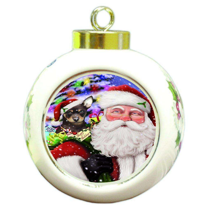Jolly Old Saint Nick Santa Holding Australian Kelpies Dog and Happy Holiday Gifts Round Ball Christmas Ornament D200