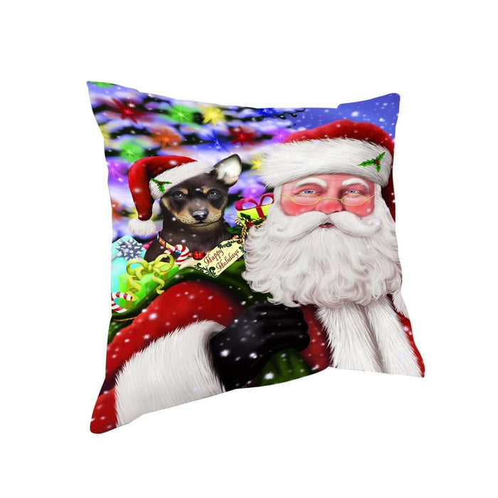 Jolly Old Saint Nick Santa Holding Australian Kelpies Dog and Happy Holiday Gifts Throw Pillow