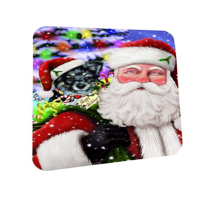 Jolly Old Saint Nick Santa Holding Australian Shepherd Dog and Happy Holiday Gifts Coasters Set of 4