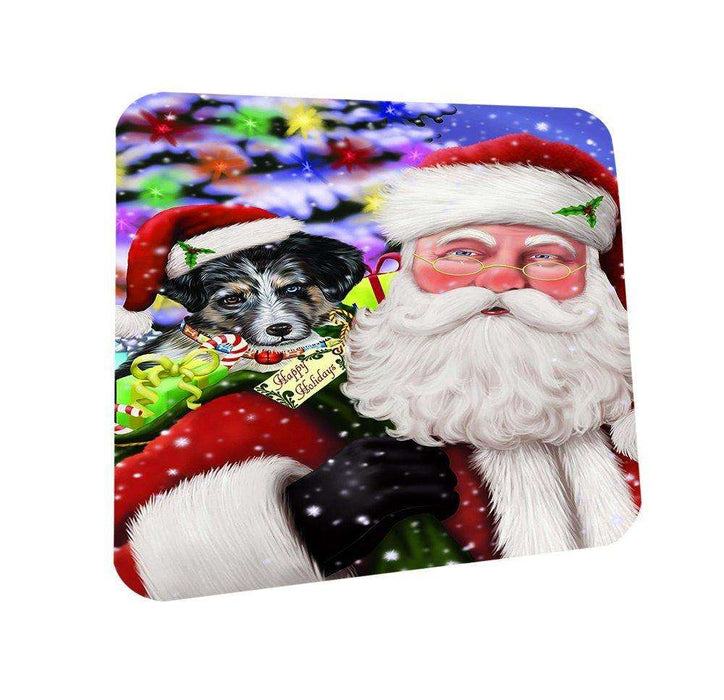 Jolly Old Saint Nick Santa Holding Australian Shepherd Dog and Happy Holiday Gifts Coasters Set of 4