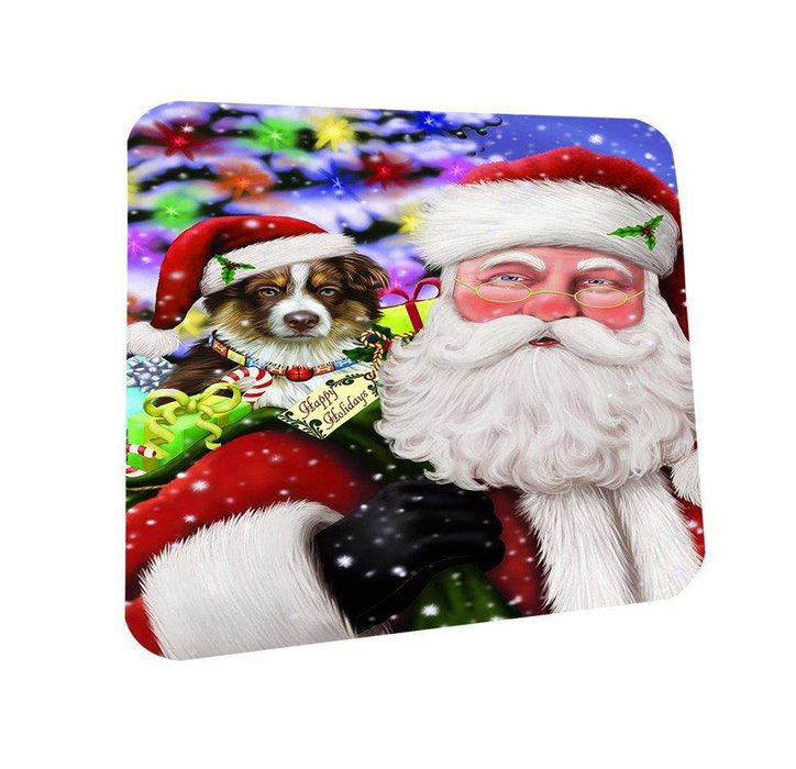 Jolly Old Saint Nick Santa Holding Australian Shepherd Dog and Happy Holiday Gifts Coasters Set of 4