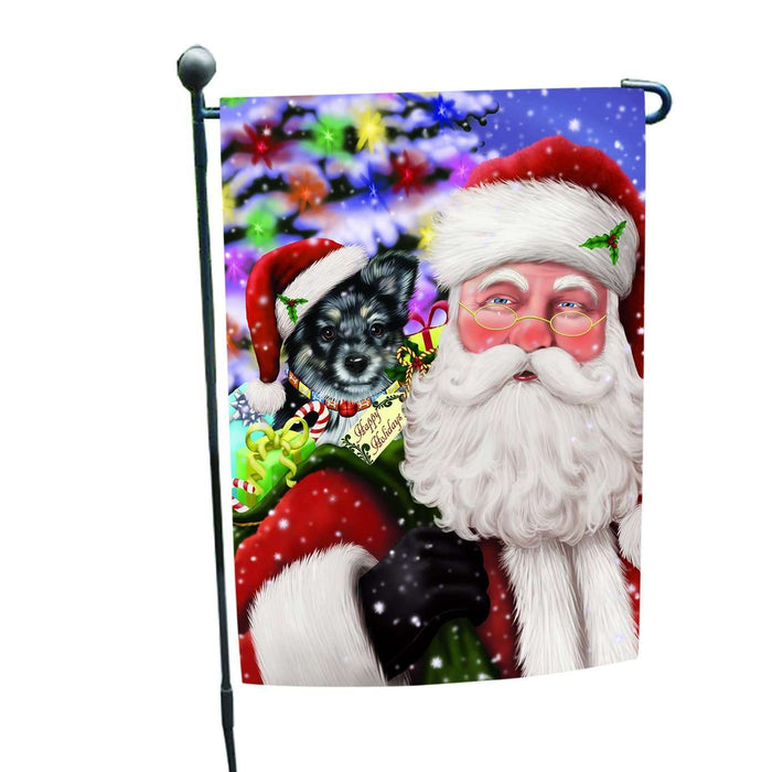 Jolly Old Saint Nick Santa Holding Australian Shepherd Dog and Happy Holiday Gifts Garden Flag