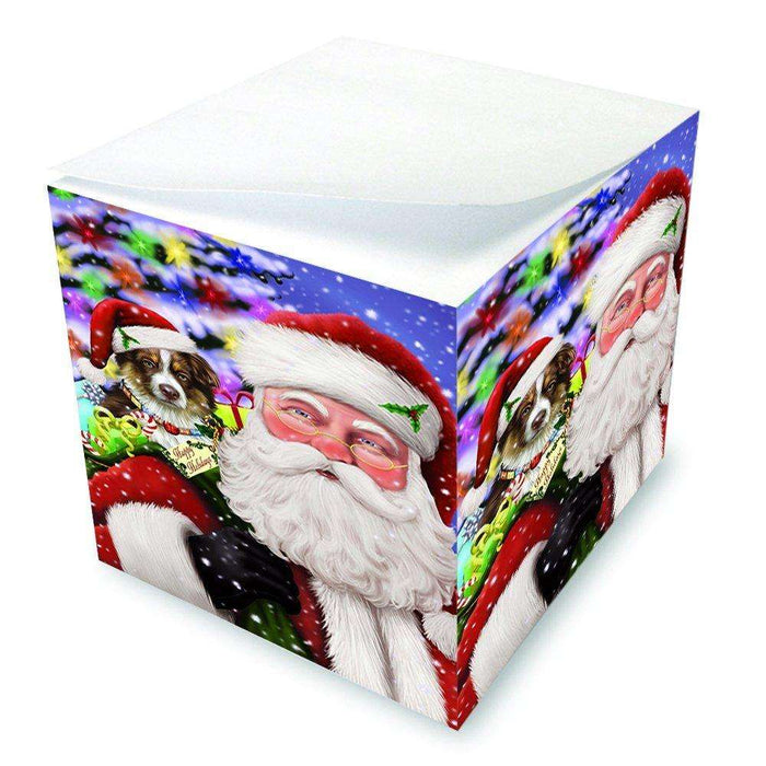 Jolly Old Saint Nick Santa Holding Australian Shepherd Dog and Happy Holiday Gifts Note Cube D200
