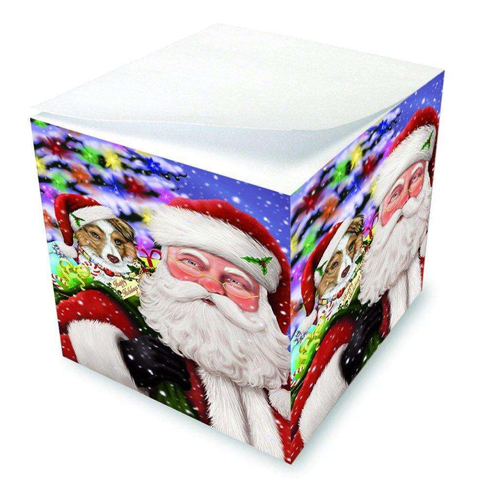 Jolly Old Saint Nick Santa Holding Australian Shepherd Dog and Happy Holiday Gifts Note Cube D201