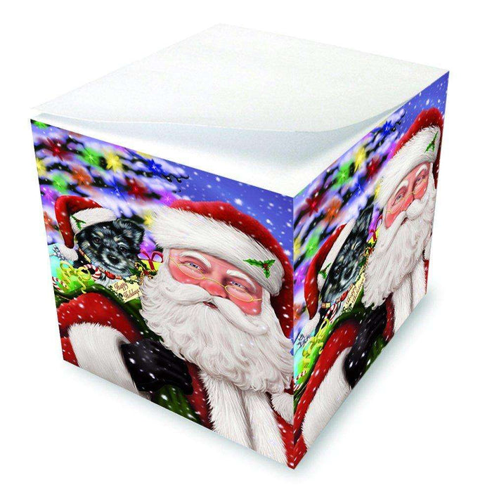 Jolly Old Saint Nick Santa Holding Australian Shepherd Dog and Happy Holiday Gifts Note Cube D202