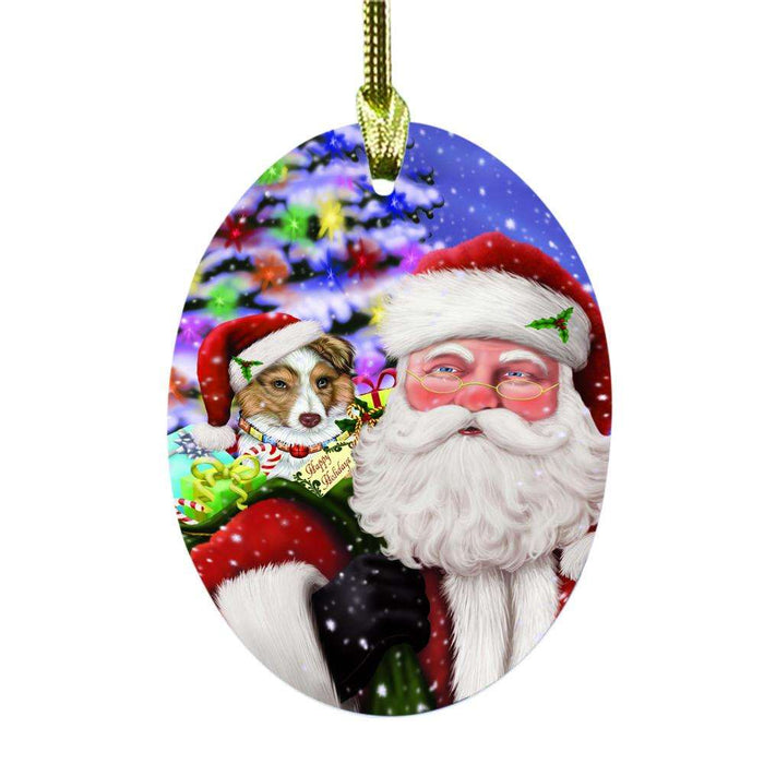 Jolly Old Saint Nick Santa Holding Australian Shepherd Dog and Happy Holiday Gifts Oval Glass Christmas Ornament OGOR48805
