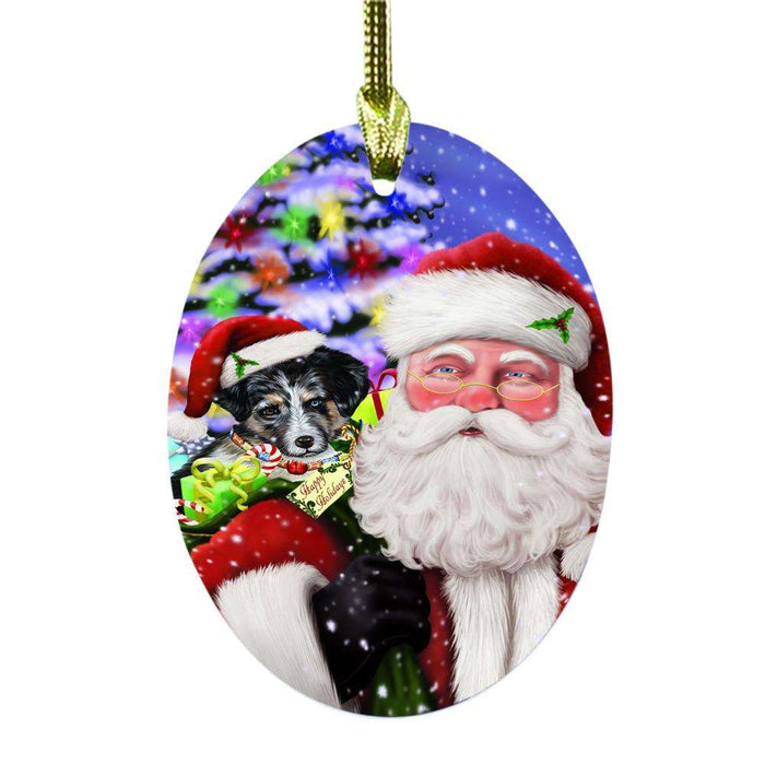 Jolly Old Saint Nick Santa Holding Australian Shepherd Dog and Happy Holiday Gifts Oval Glass Christmas Ornament OGOR48807