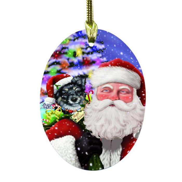 Jolly Old Saint Nick Santa Holding Australian Shepherd Dog and Happy Holiday Gifts Oval Glass Christmas Ornament OGOR48808