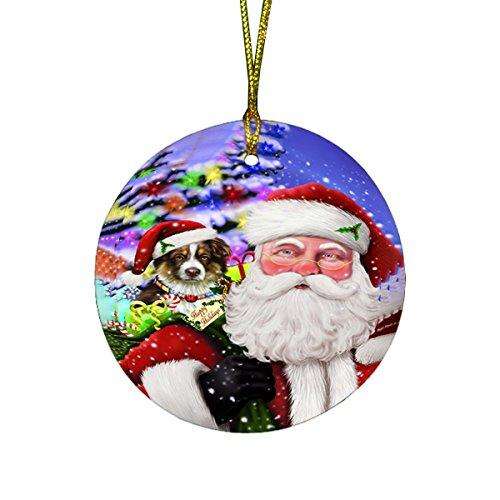 Jolly Old Saint Nick Santa Holding Australian Shepherd Dog and Happy Holiday Gifts Round Christmas Ornament D170
