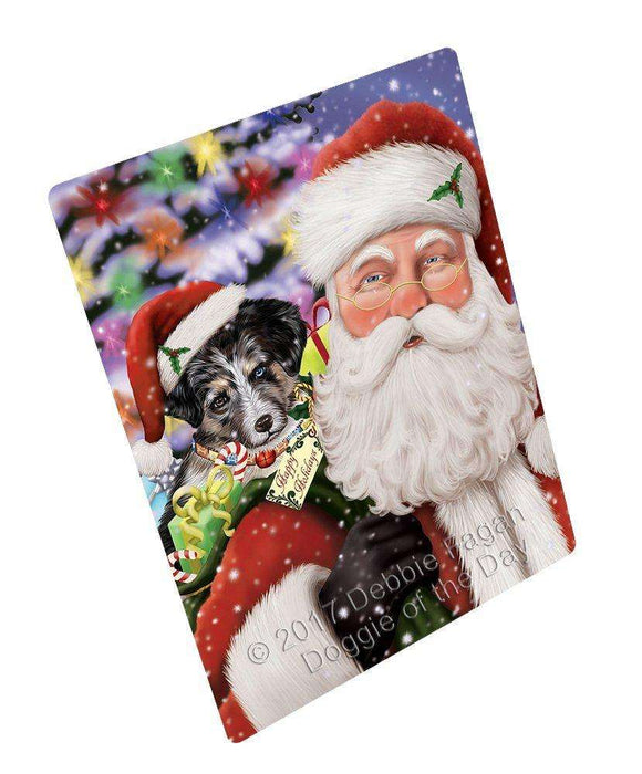 Jolly Old Saint Nick Santa Holding Australian Shepherd Dog and Happy Holiday Gifts Tempered Cutting Board