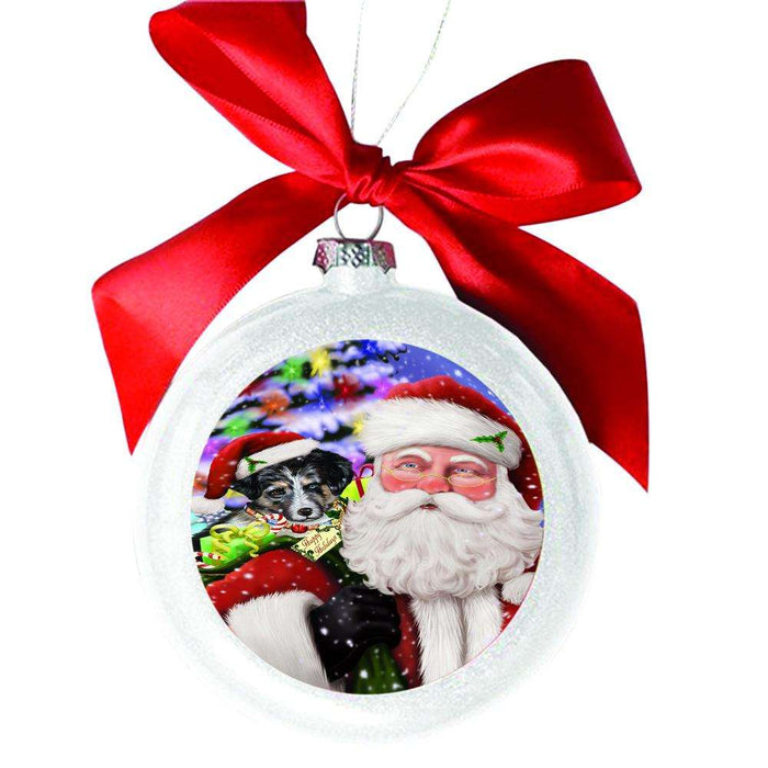 Jolly Old Saint Nick Santa Holding Australian Shepherd Dog and Happy Holiday Gifts White Round Ball Christmas Ornament WBSOR48807