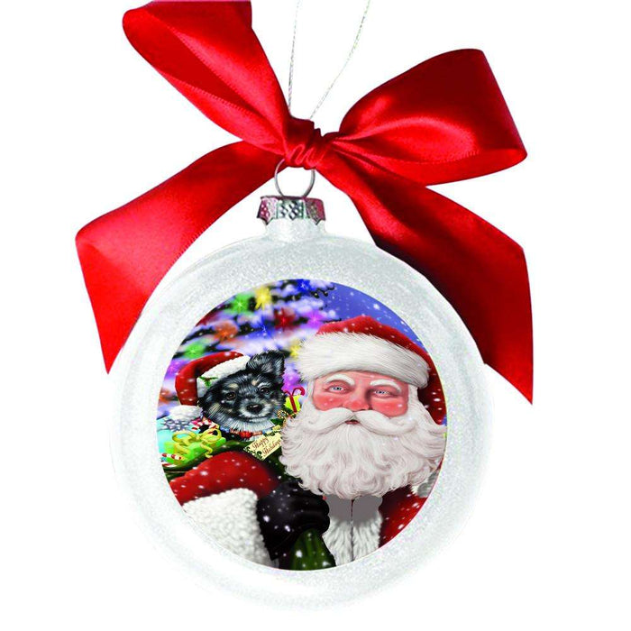 Jolly Old Saint Nick Santa Holding Australian Shepherd Dog and Happy Holiday Gifts White Round Ball Christmas Ornament WBSOR48808