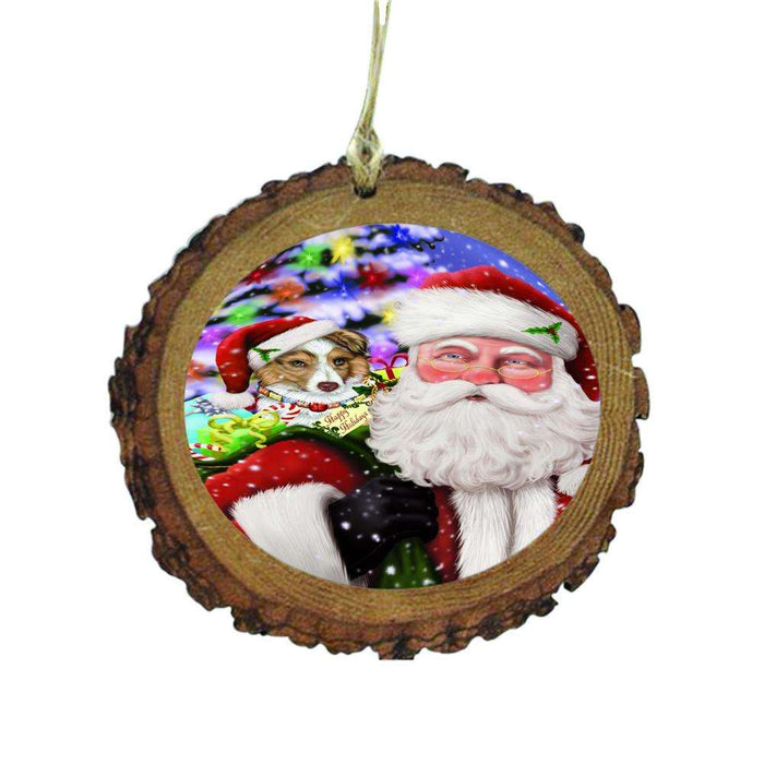 Jolly Old Saint Nick Santa Holding Australian Shepherd Dog and Happy Holiday Gifts Wooden Christmas Ornament WOR48805