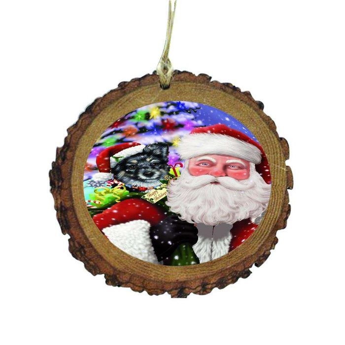 Jolly Old Saint Nick Santa Holding Australian Shepherd Dog and Happy Holiday Gifts Wooden Christmas Ornament WOR48808