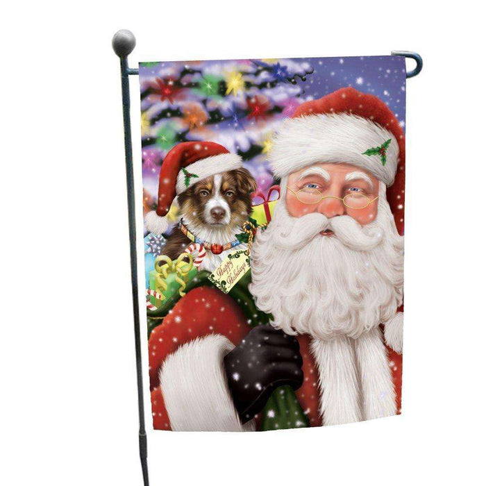 Jolly Old Saint Nick Santa Holding Australian Shepherds Dog and Happy Holiday Gifts Garden Flag