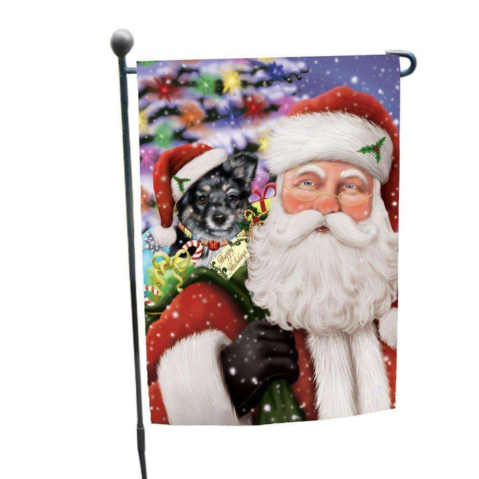 Jolly Old Saint Nick Santa Holding Australian Shepherds Dog and Happy Holiday Gifts Garden Flag