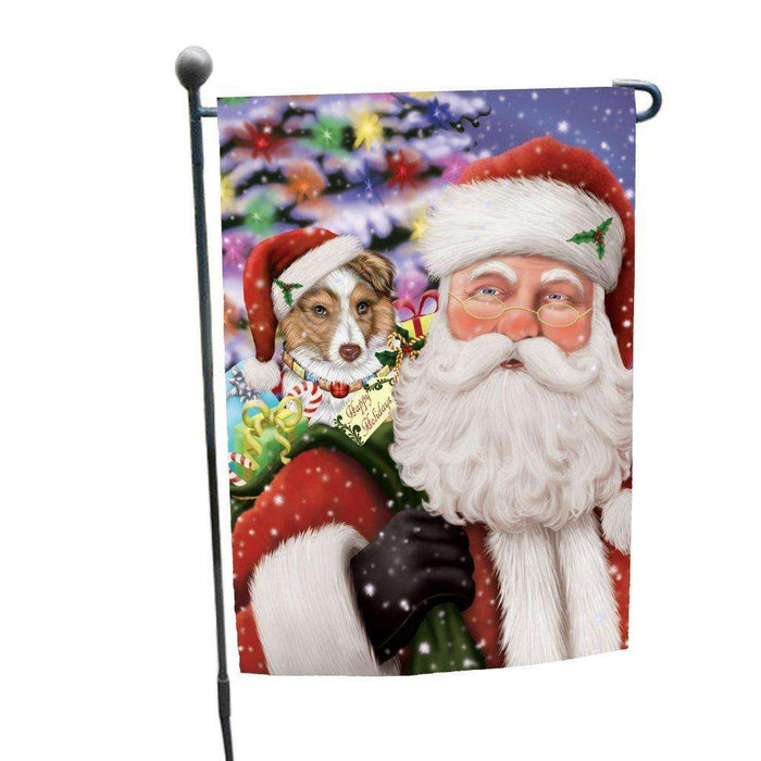 Jolly Old Saint Nick Santa Holding Australian Shepherds Dog and Happy Holiday Gifts Garden Flag