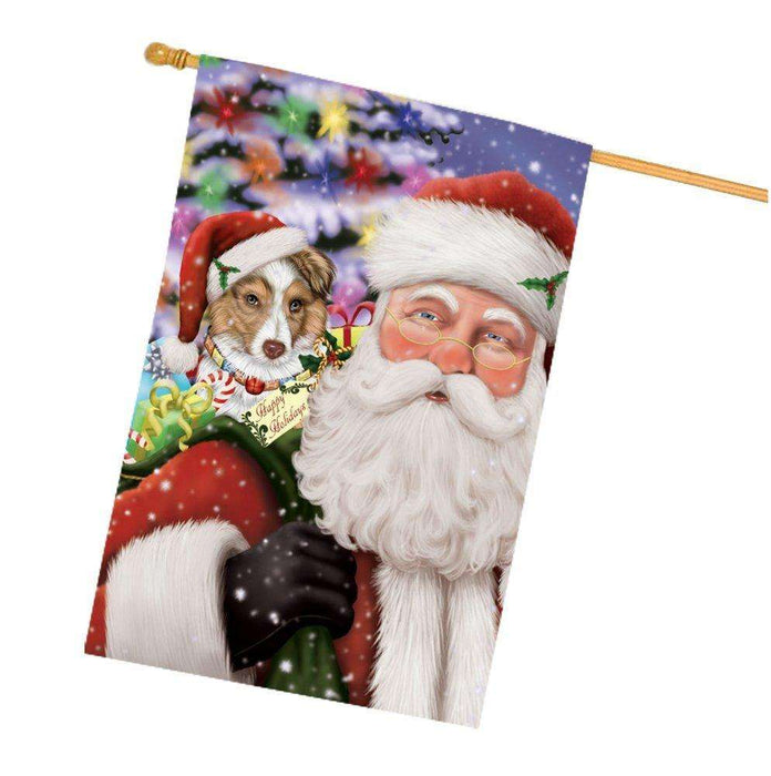 Jolly Old Saint Nick Santa Holding Australian Shepherds Dog and Happy Holiday Gifts House Flag